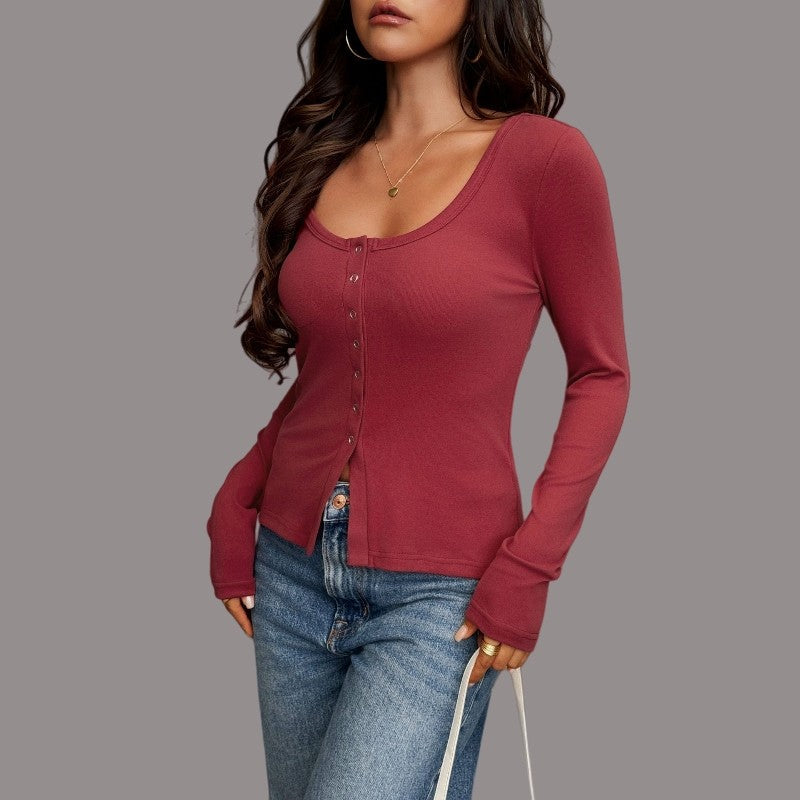 Long Sleeve U-Neck Polyester T-Shirt Jacket Solid Color