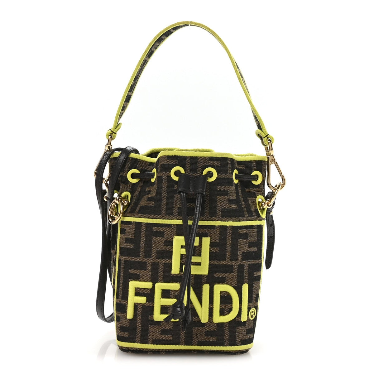 Fabric Jacquard Shiny Nappa FF 1974 Logo Threaded Edge Mini Mon Tresor Bucket Bag Tobacco Moro Giallo Fluo