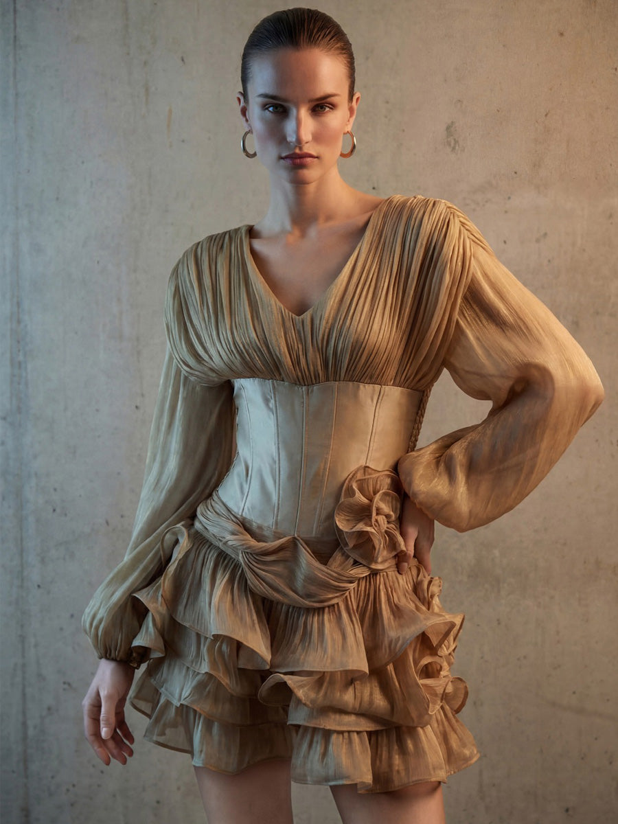 Margot Khaki Corset Bodice Ruffled Mini Dress