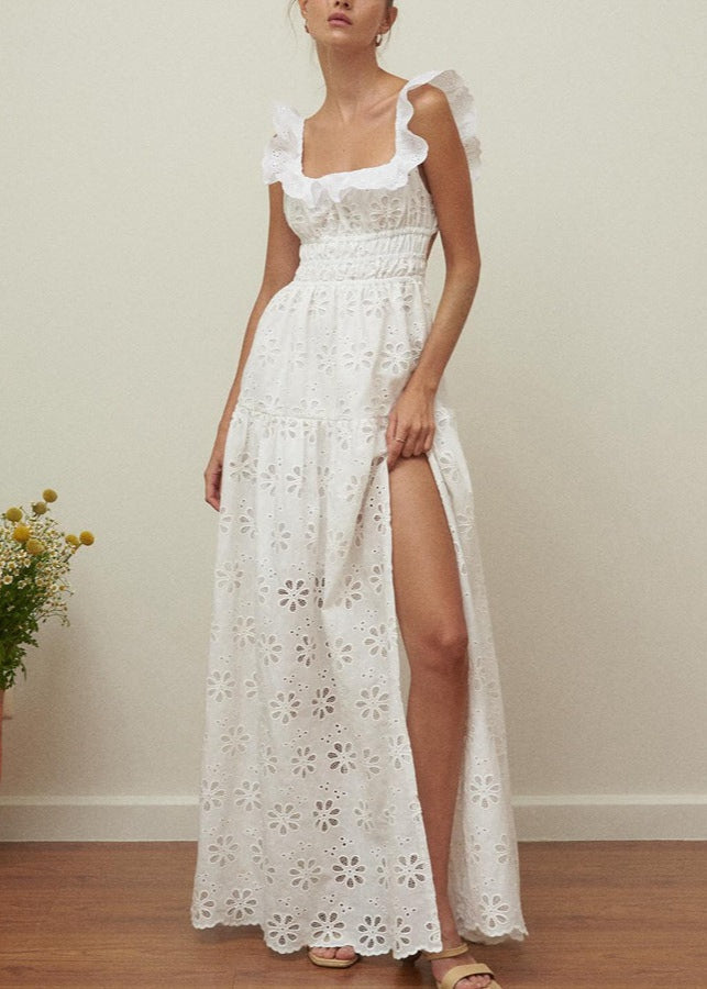 Embroidered Cotton Maxi Dress With Ruffle Straps