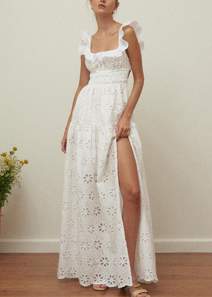 Embroidered Cotton Maxi Dress With Ruffle Straps