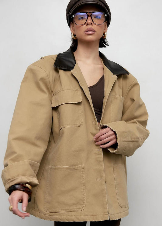 Canvas Utility Jacket with Faux Leather Collar