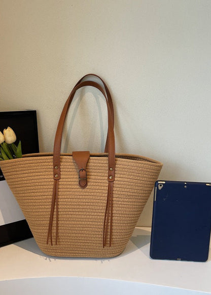 Oversized Braided Straw Tote Bag with Buckle Accent