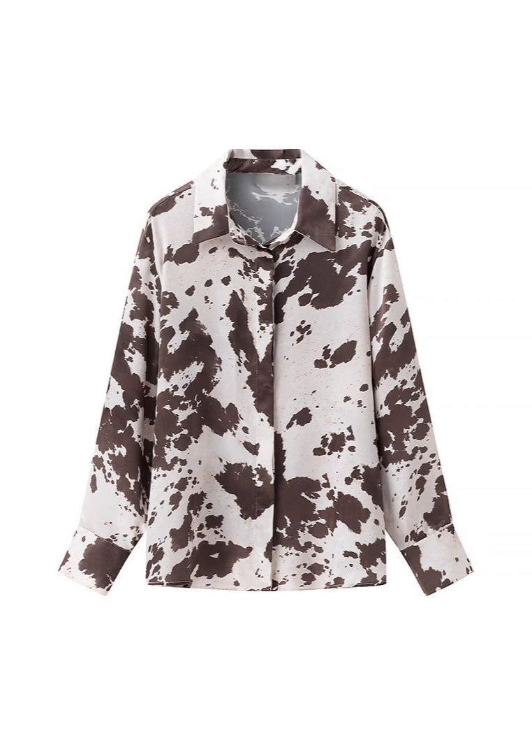 Satin Cow Print Button Up Shirt With Relaxed Fit