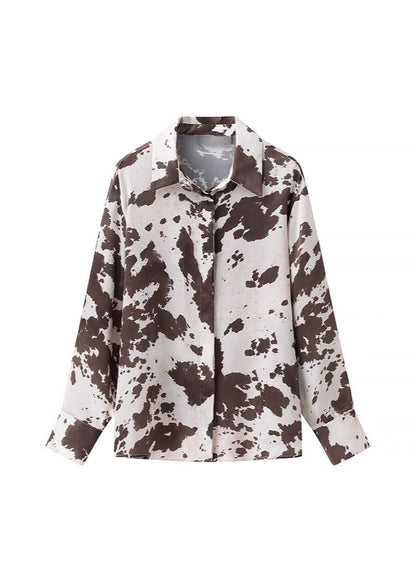 Satin Cow Print Button Up Shirt With Relaxed Fit