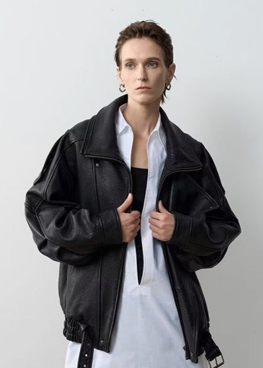 Oversized Leather Biker Jacket Vintage Style