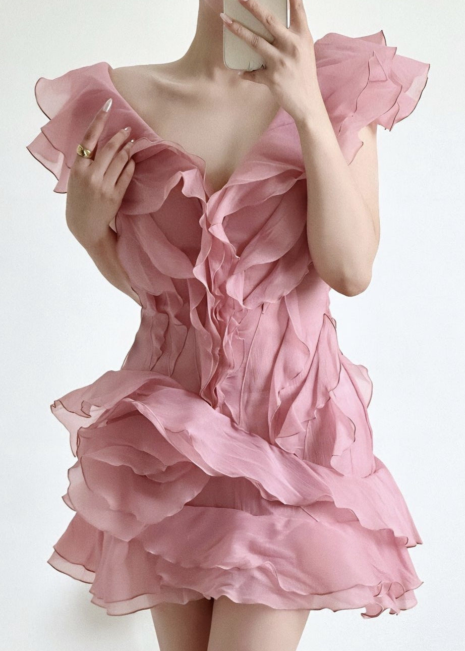 Ruffled Organza Mini Dress With Asymmetrical Neckline