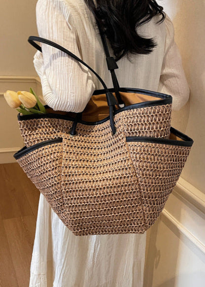 Woven Straw Tote Bag with Contrast Trim