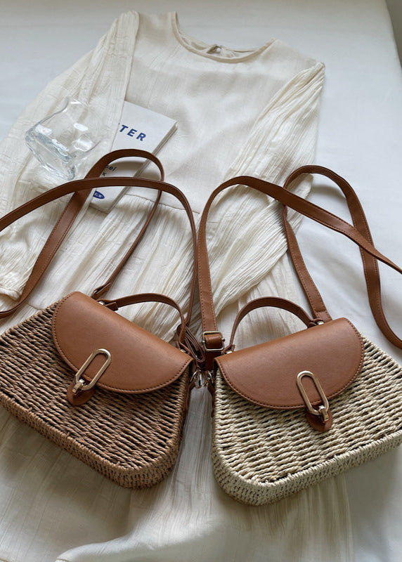 Curved Rattan Shoulder Bag with Faux Leather Flap