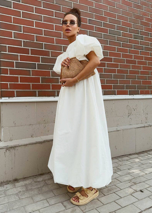 Puff Sleeve Maxi Dress Lightweight White