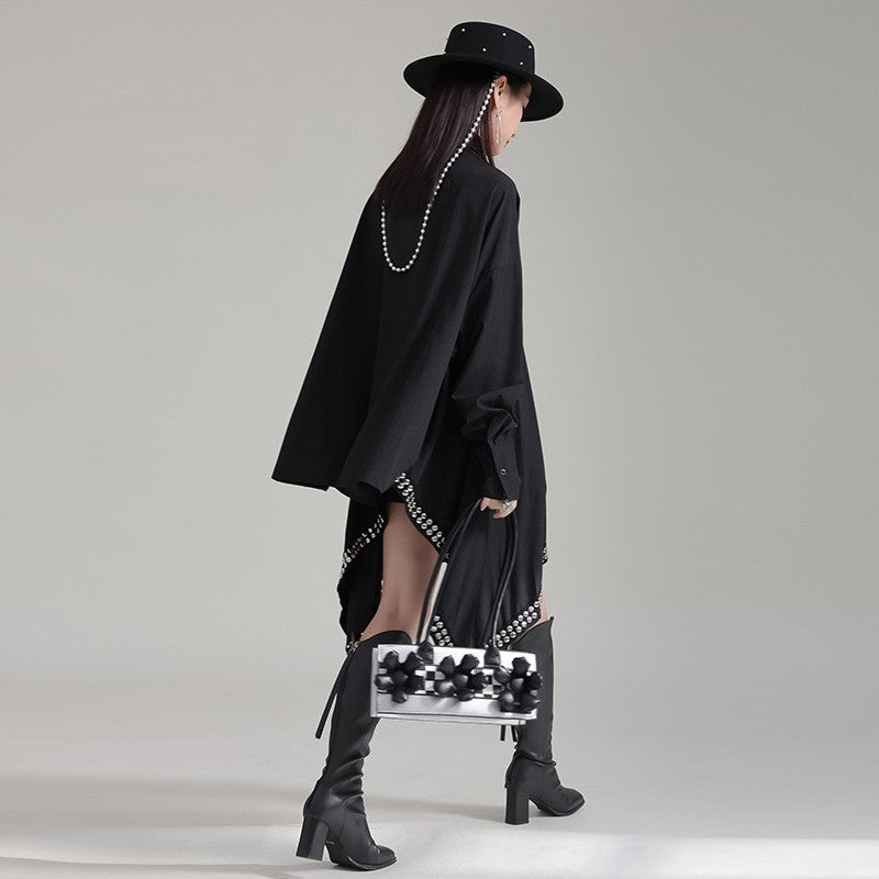 Dark Polyester Loose Paneled Lapel Batwing Sleeve Dress