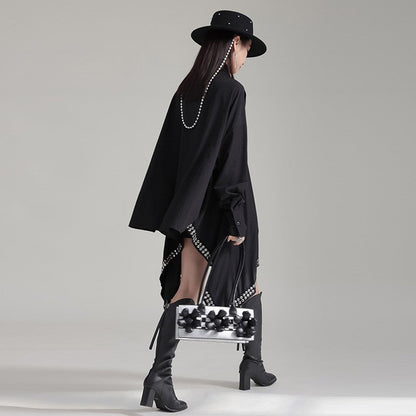 Dark Polyester Loose Paneled Lapel Batwing Sleeve Dress