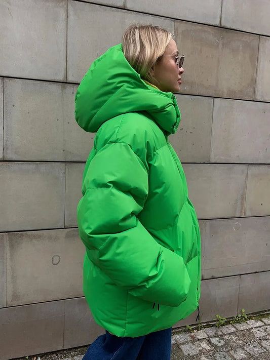 Neon Green Cotton Puffer Jacket With Hood