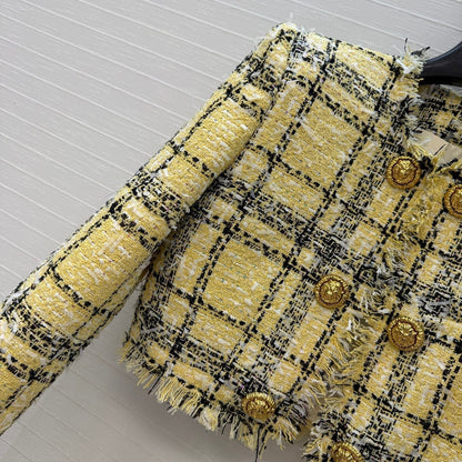 Balmain 26s Plaid Tweed Jacket Yellow Black Tweed 346061