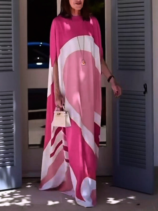 Batwing Sleeves Loose Contrast Color Printed Split-Joint Round-Neck Evening Dresses Maxi Dresses