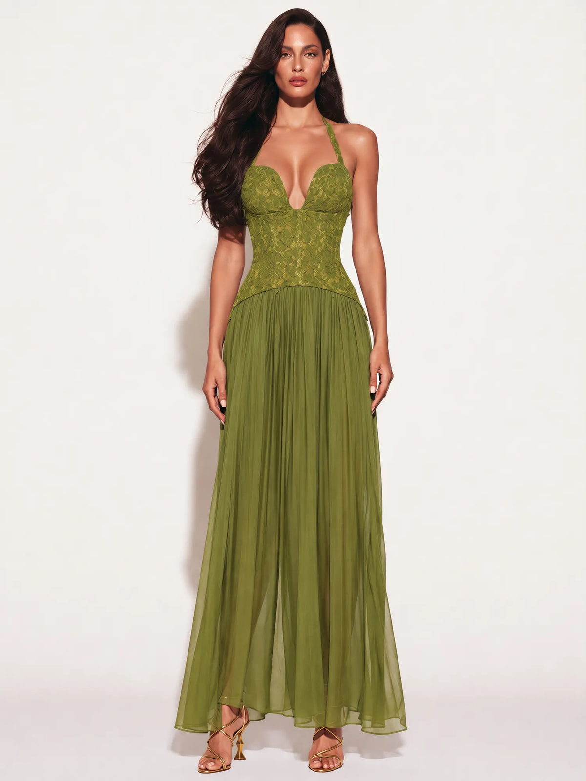 Maya Lace Bustier Pleated Maxi Dress