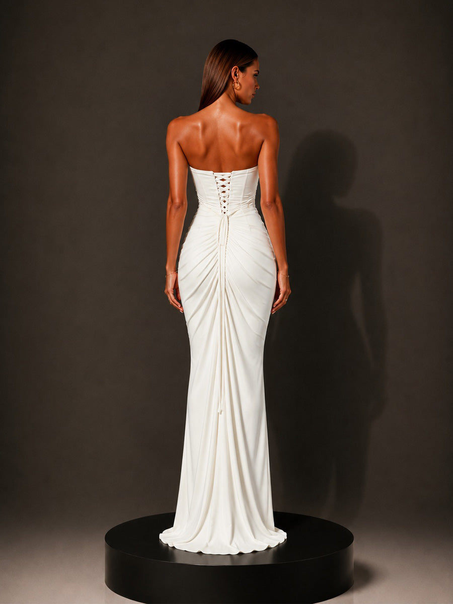 Isabella Strapless Ruched Bodycon Maxi Dress In White
