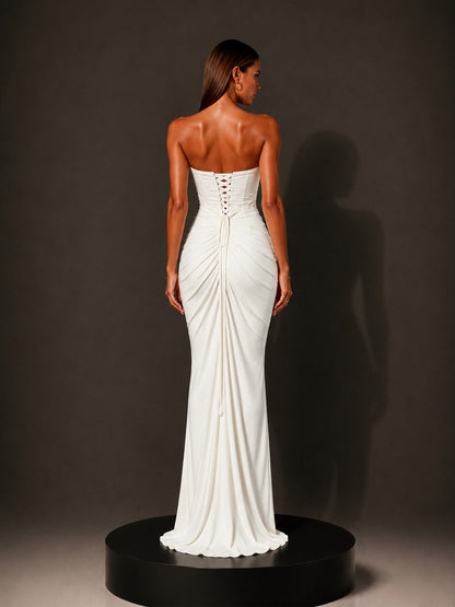Isabella Strapless Ruched Bodycon Maxi Dress In White
