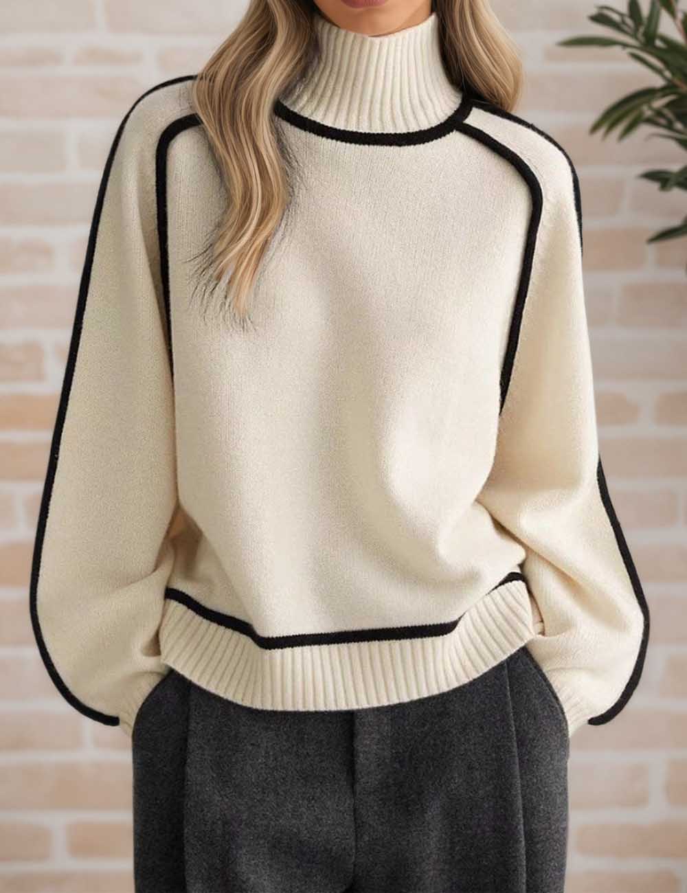 Elegant High Neck Ribbed Knit Sweater