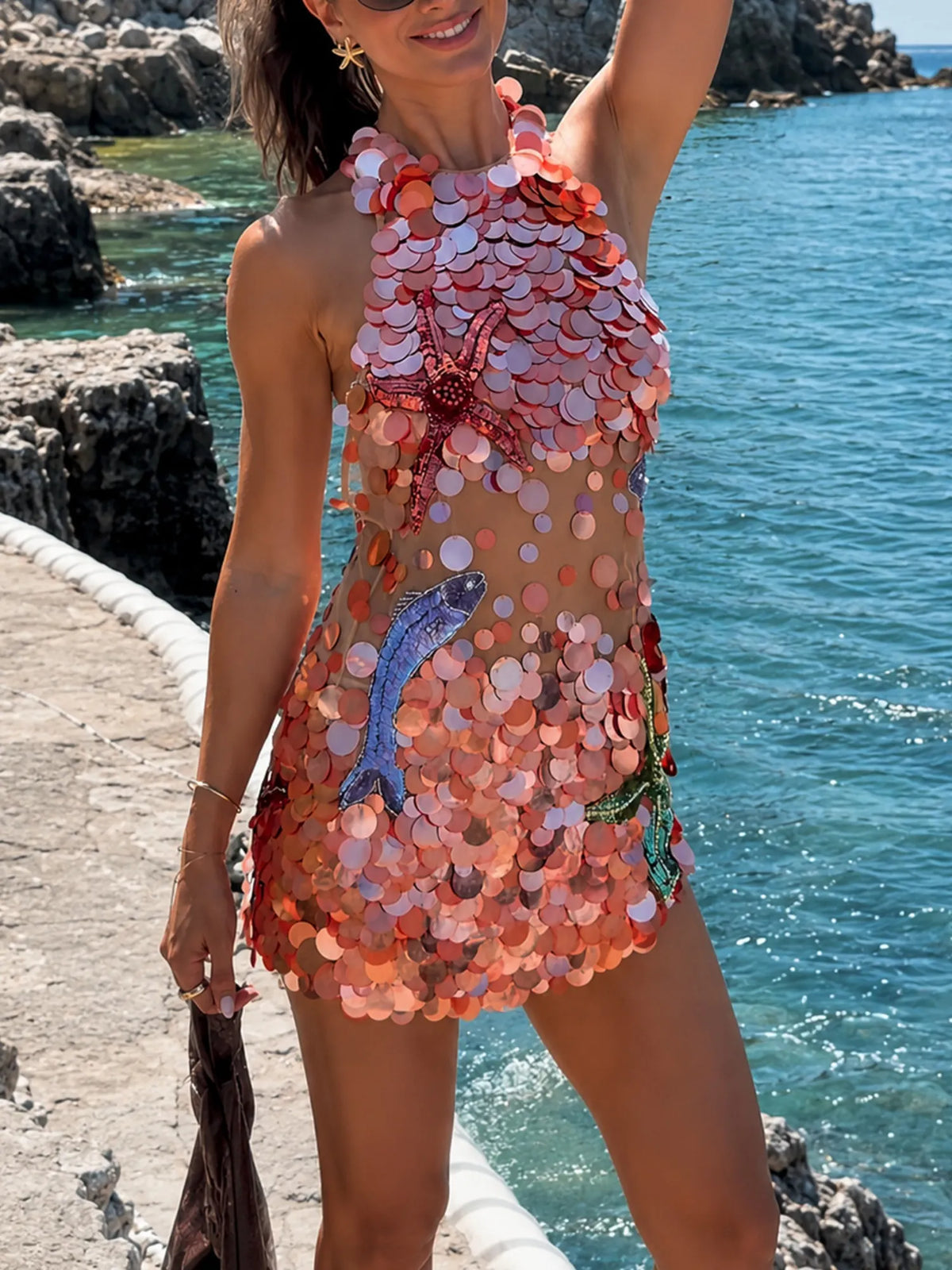 Maris Marine Sequin Mini Dress in Coral