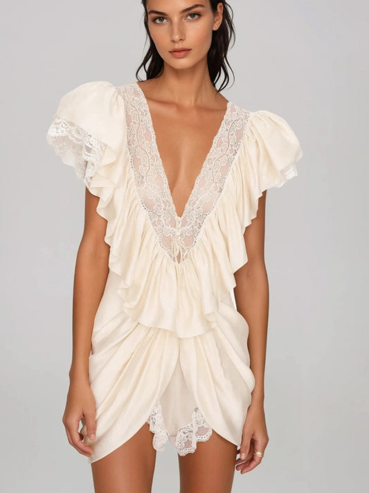 Clara Lace-Trimmed Ruffled Satin Romper
