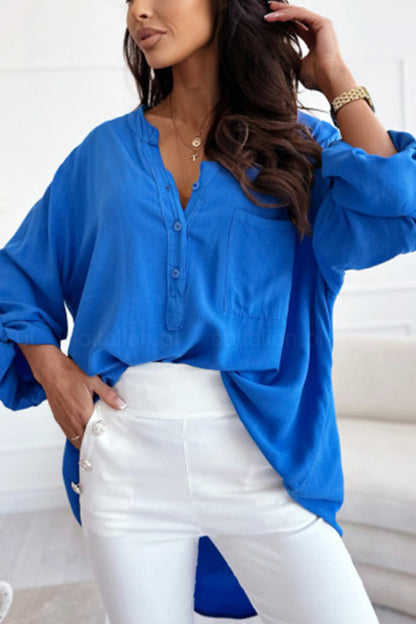 V Neck Button Roll Sleeve Patch Pocket Loose Straight Long Sleeve Shirt