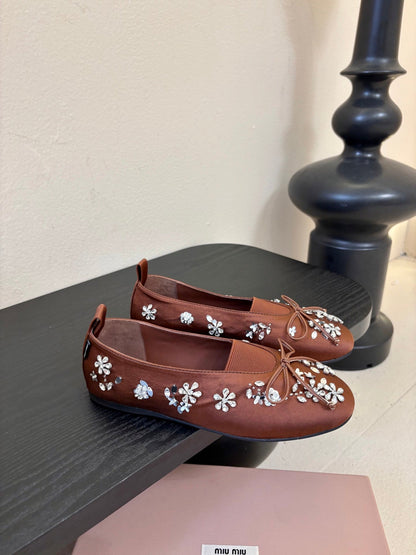 Miu Ballet Flat With Floral Crystal Brown Silk
