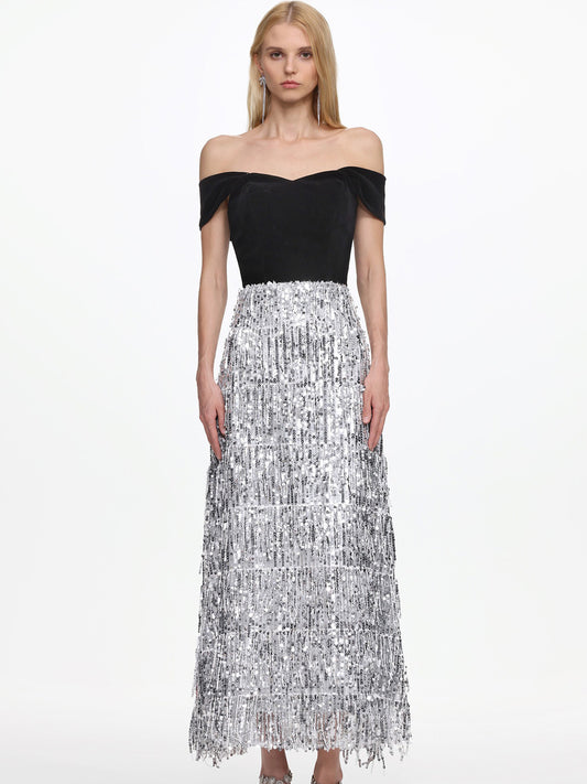 Jocelyn Glamorous Off Shoulder Fringe Velvet Maxi Dress
