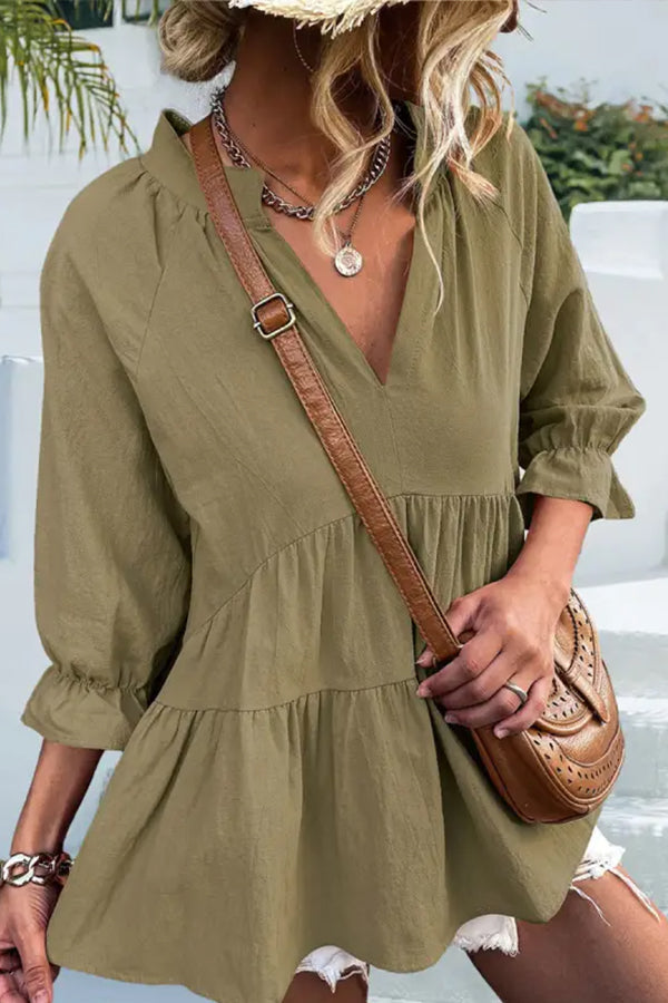 V-neck Casual Loose Solid Color Long-sleeved Blouse