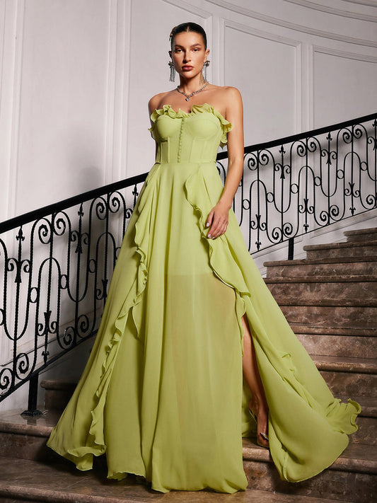 Rafaela Strapless Ruched Mesh Maxi Dress