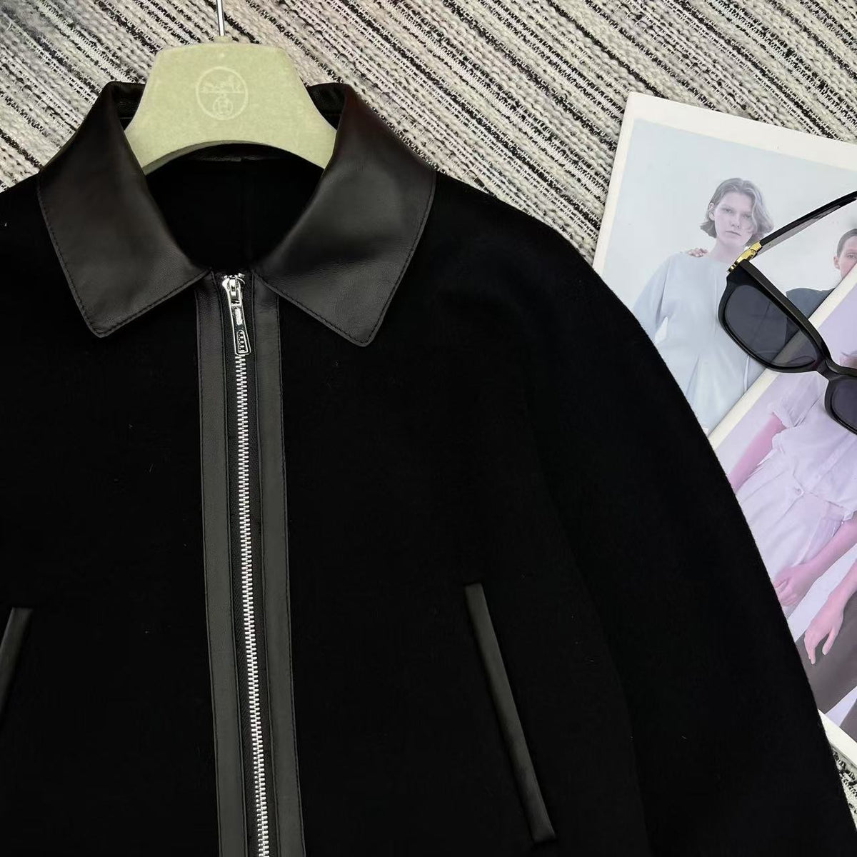 HM Patchwork Leather Lapel Double-faced Black Cashmere Jacket