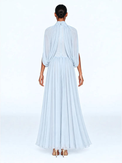 Mirabelle Stand-Collar Pleated Maxi Dress