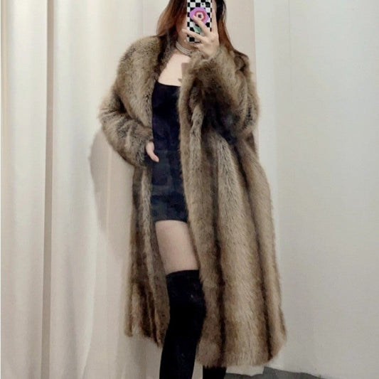 Long Fox Fur Collar Faux Fur Coat Women Fashion