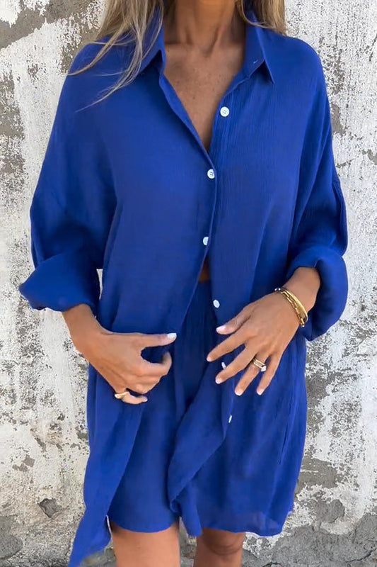 Solid Color Casual Lapel Long Shirt and Elastic Waist Loose Pocket Shorts Set