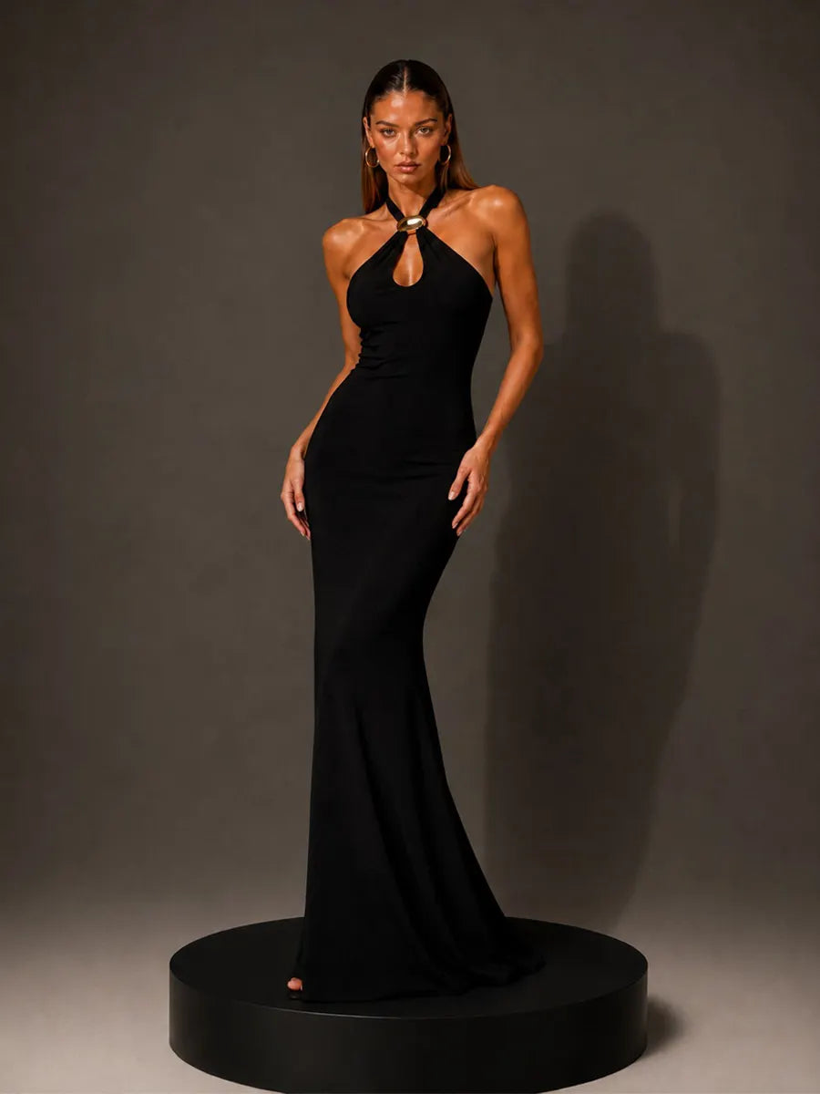 Anais Metal-Buckle Halterneck Maxi Dress