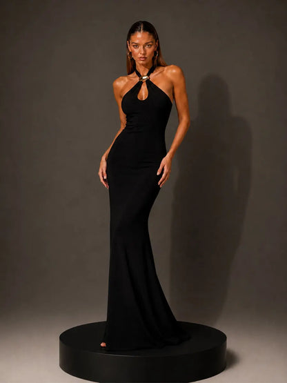 Anais Metal-Buckle Halterneck Maxi Dress