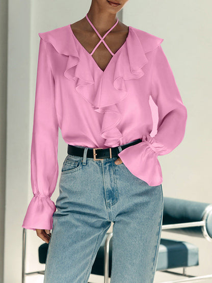 Solid Color Ruffled Flared Sleeves Long Sleeves V-Neck Blouses
