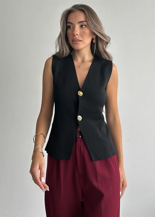 Sleeveless Tailored Button Vest In Structured Fabric
