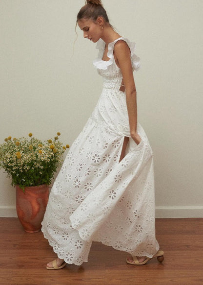 Embroidered Cotton Maxi Dress With Ruffle Straps