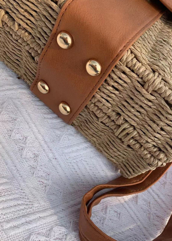 Woven Rattan Crossbody Bag with Faux Leather Trim