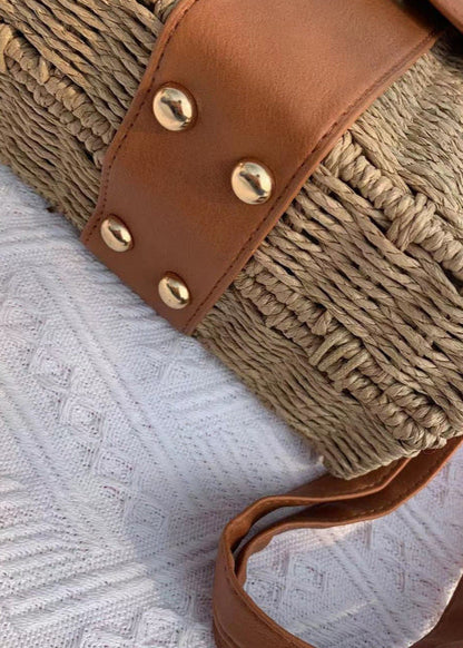 Woven Rattan Crossbody Bag with Faux Leather Trim