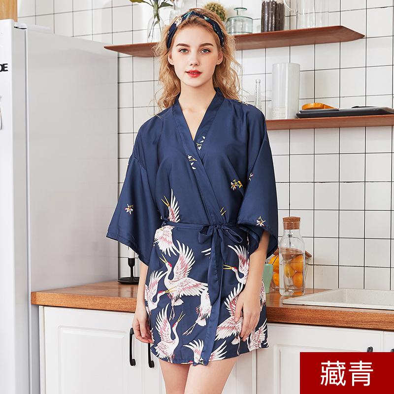 Silk Crane Pajama Girl Summer Mid Sleeve Bride Morning Robe Big Yard Home Robe Bathrobe Color56