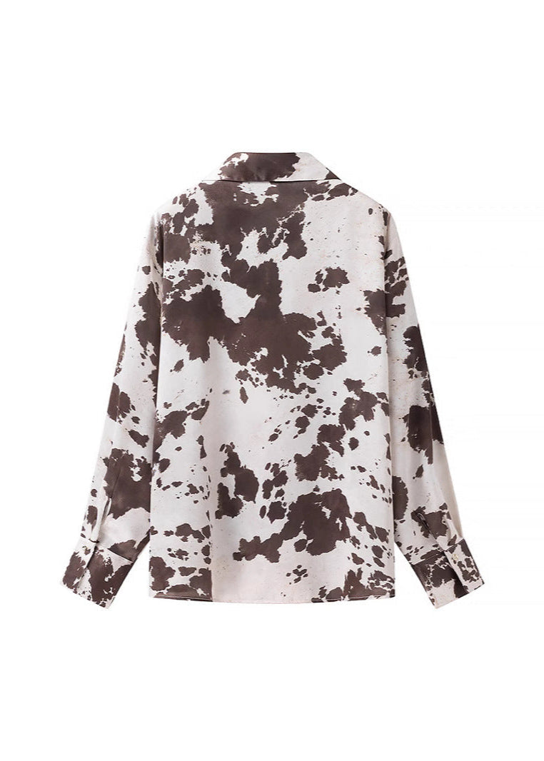 Satin Cow Print Button Up Shirt With Relaxed Fit