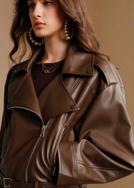 Faux Leather Moto Jacket Brown Modern Edge
