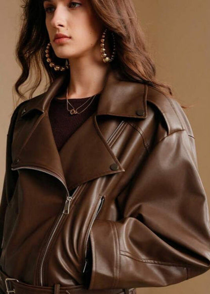 Faux Leather Moto Jacket Brown Modern Edge