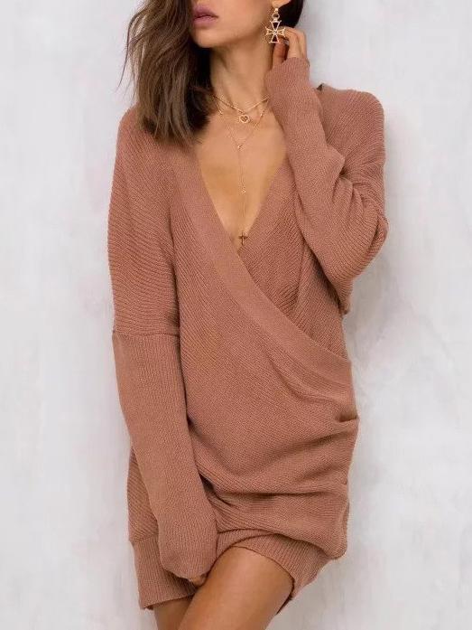 Knitting V-Neck Long Sweater Tops