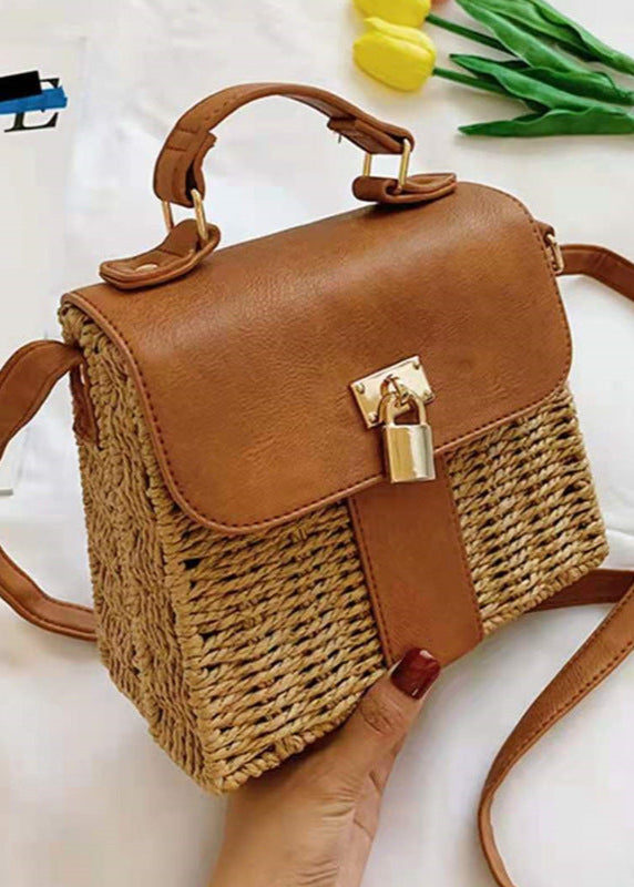 Woven Rattan Crossbody Bag with Faux Leather Trim