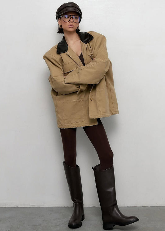 Canvas Utility Jacket with Faux Leather Collar