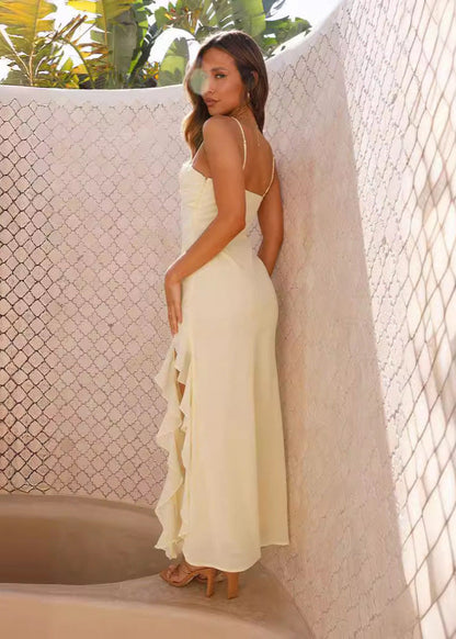 Ruffled Slit Maxi Dress In Lightweight Yellow Fabric