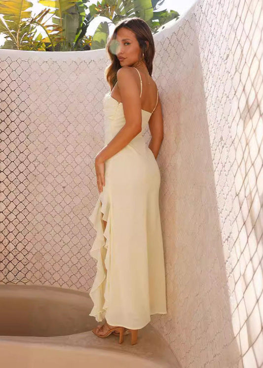 Ruffled Slit Maxi Dress In Lightweight Yellow Fabric